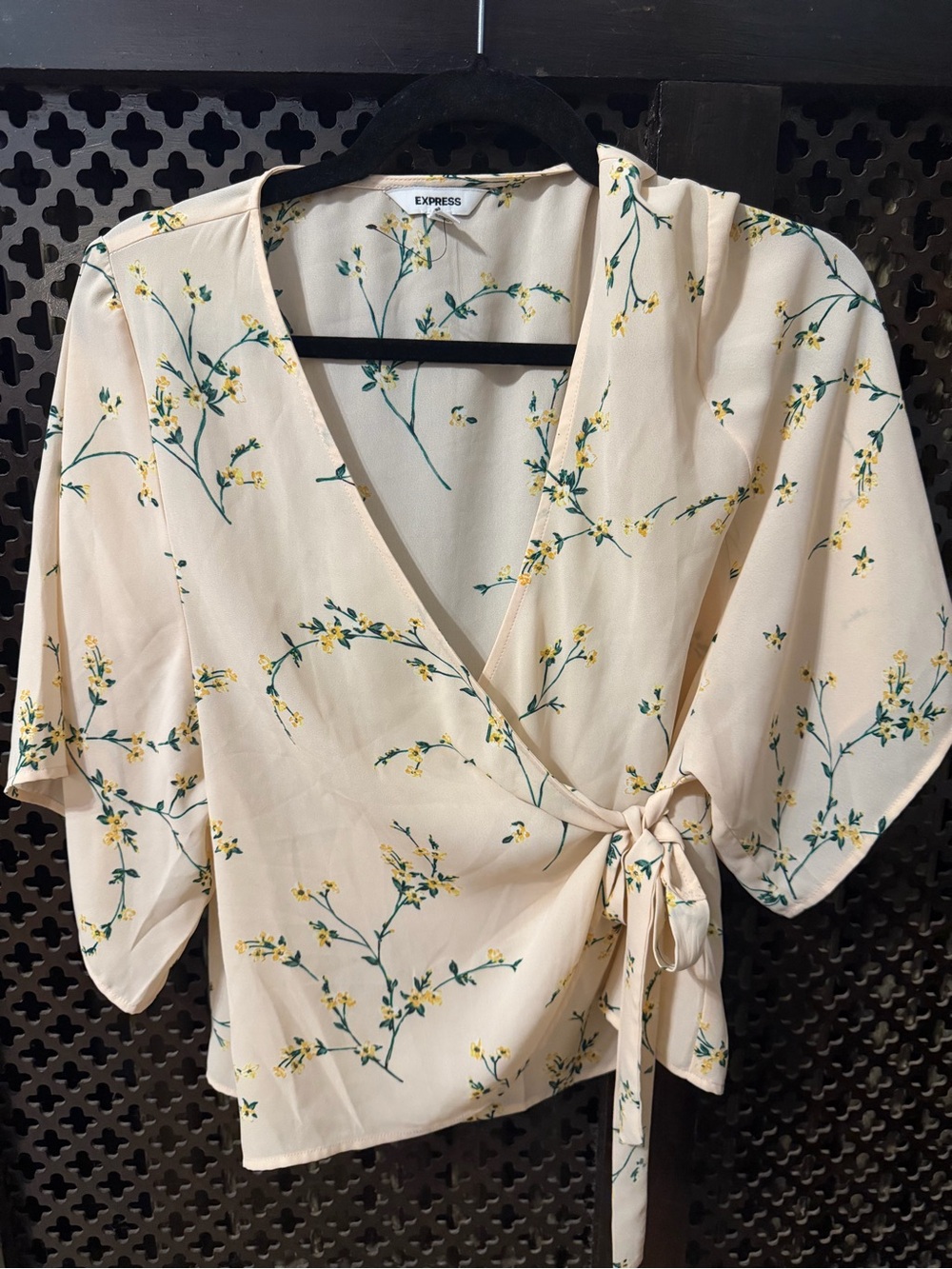 Express Cream Floral Wrap Blouse with Yellow Blossoms